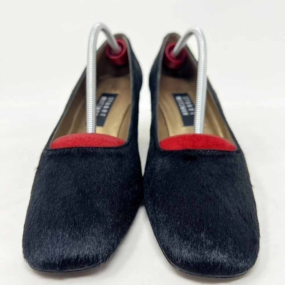 Womens Stuart Weitzman Fur Pumps 9 C Vintage Black Leather Heels Shoes